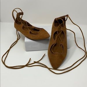 Camel pointy toe lace up flats